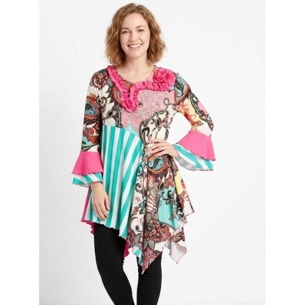 Pins & Needles Patchwork Soft Stretch Retro Festival Ruffle Sleeve Tunic Medium